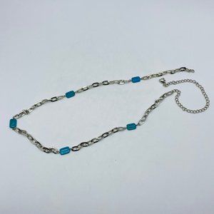Vintage Silver Tone Metal Faux Turquoise Woman Thin Chain Belt Woman